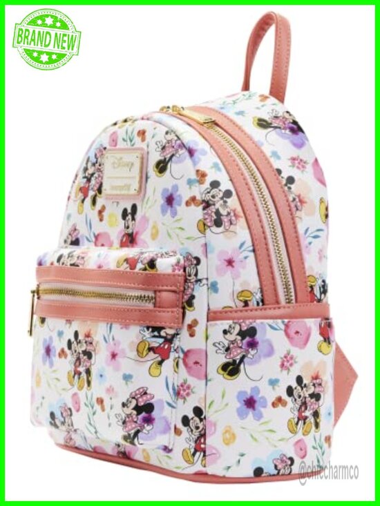 Loungefly Mickey Minnie Floral Mini Backpack Faux Leather Gold Hardware main image 6